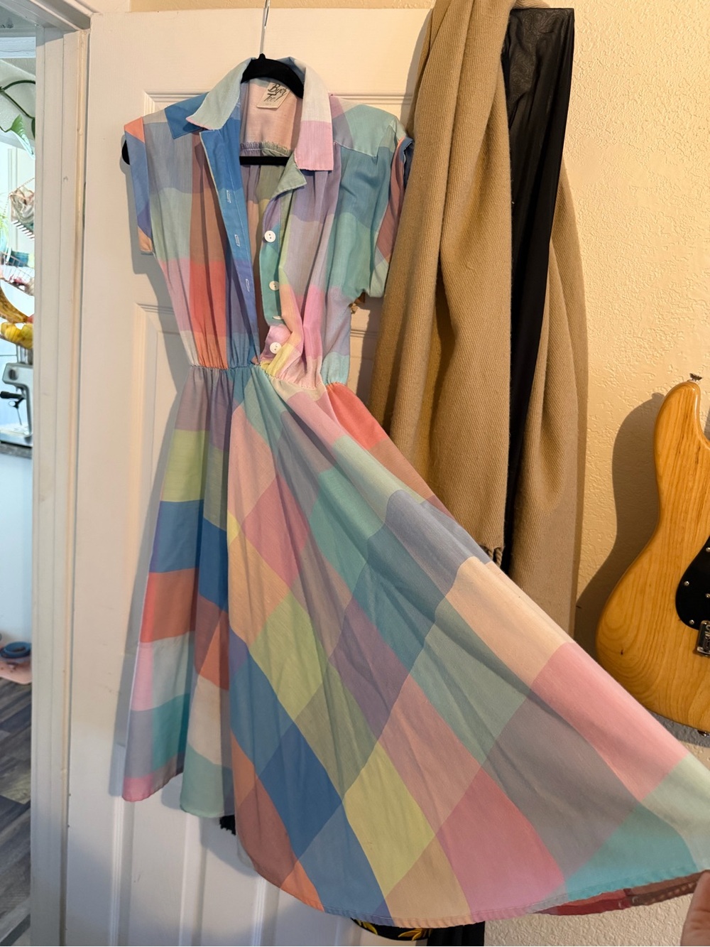 Vintage Pastel Plaid Midi Dress - Women's Multicolor Shirt Dress